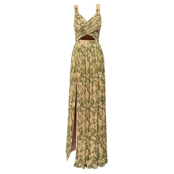 Dress the Population Dresses & Skirts - Dress The Population 'Mirabella' Green Polyester Floral Crossover Cut-Out Gown